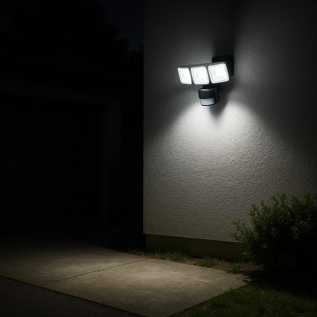 Bright 1000-lumen LED light illuminating garage exterior